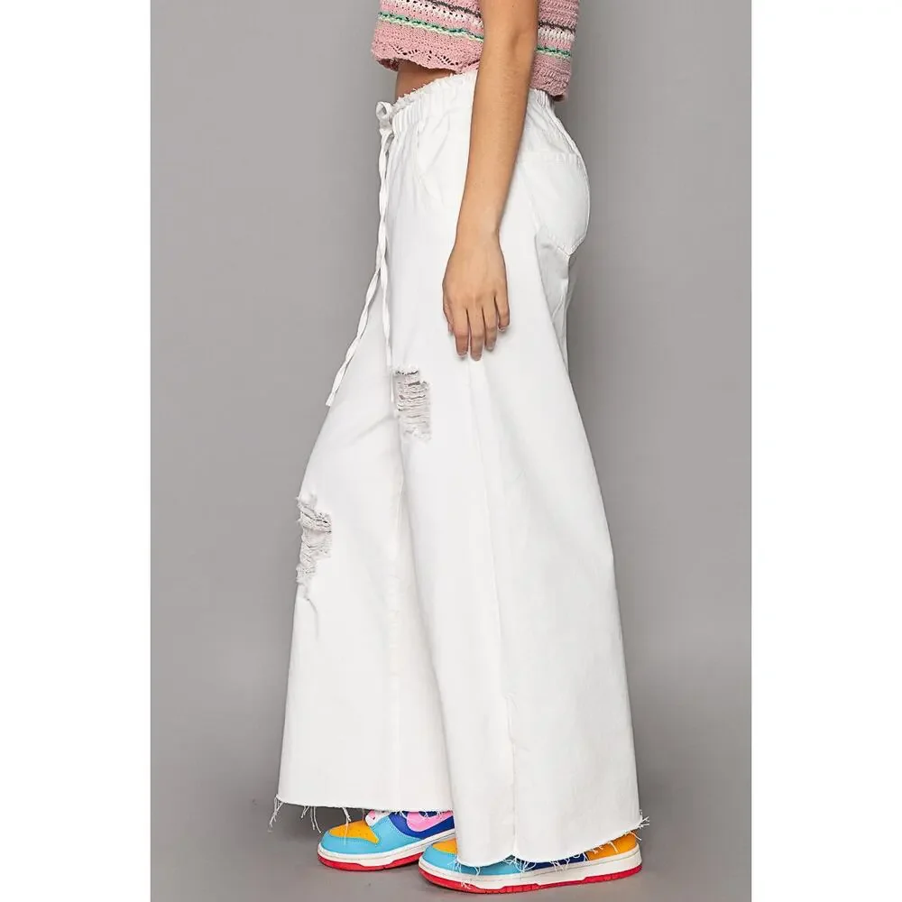 POL High Rise Distressed Adjustable Drawstring Side Slit Wide Leg Pants | White - Picture 3 of 4